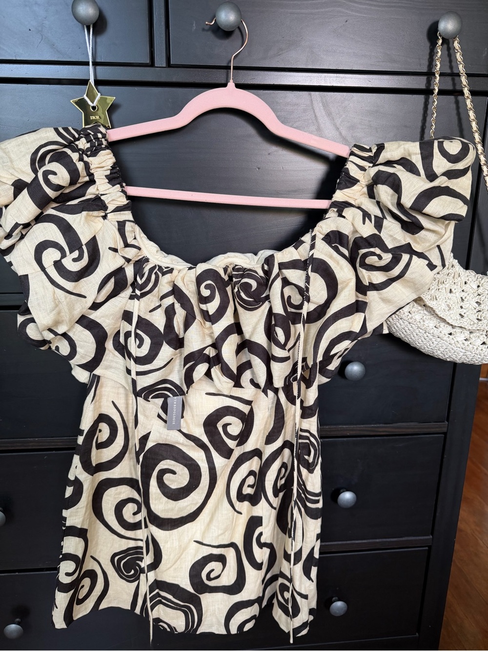 Ruffled Off-Shoulder Mini Dress in Black & Cream